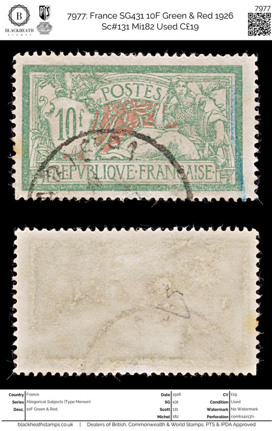 7977: France SG431 10F Green & Red 1926 Sc#131 Mi182 Used C£19