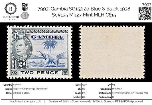 7993: Gambia SG153 2d Blue & Black 1938 Sc#135 Mi127 Mint MLH C£15