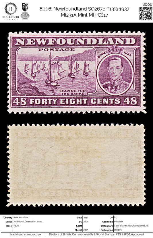 8006: Newfoundland SG267c P13½ 1937 Mi231A Mint MH C£17