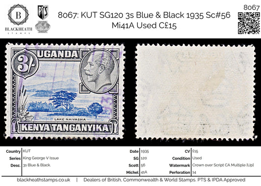 8067: KUT SG120 3s Blue & Black 1935 Sc#56 Mi41A Used C£15