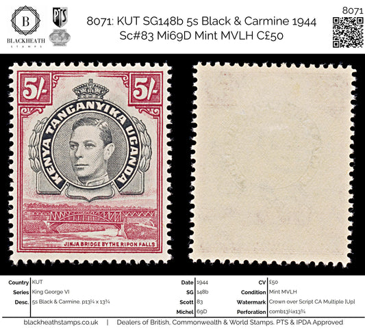 8071: KUT SG148b 5s Black & Carmine 1944 Sc#83 Mi69D Mint MVLH C£50