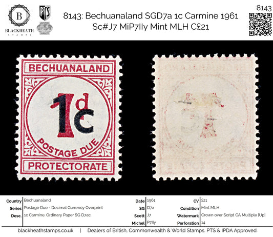 8143: Bechuanaland SGD7a 1c Carmine 1961 Sc#J7 MiP7IIy Mint MLH C£21