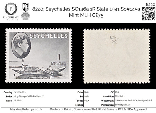 8220: Seychelles SG146a 1R Slate 1941 Sc#145a Mint MLH C£75