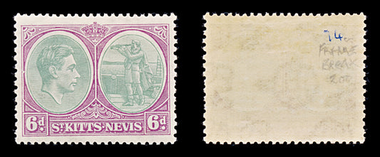 8222: St Kitts Nevis SG74 6d Purple & Ggreen 1938 Sc#85a Mi78Ca Mint MLH C£200