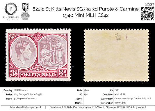 8223: St Kitts Nevis SG73a 3d Purple & Carmine 1940 Mint MLH C£42