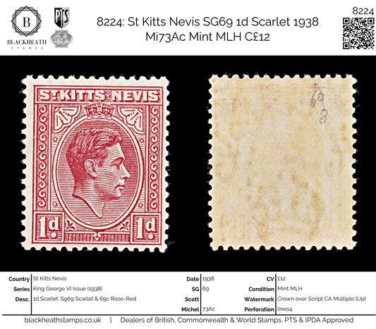 8224: St Kitts Nevis SG69 1d Scarlet 1938 Mi73Ac Mint MLH C£12