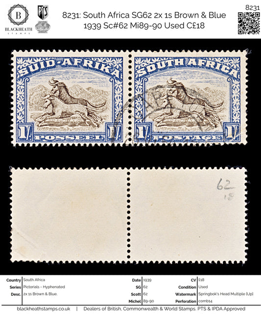 8231: South Africa SG62 2x 1s Brown & Blue 1939 Sc#62 Mi89-90 Used C£18