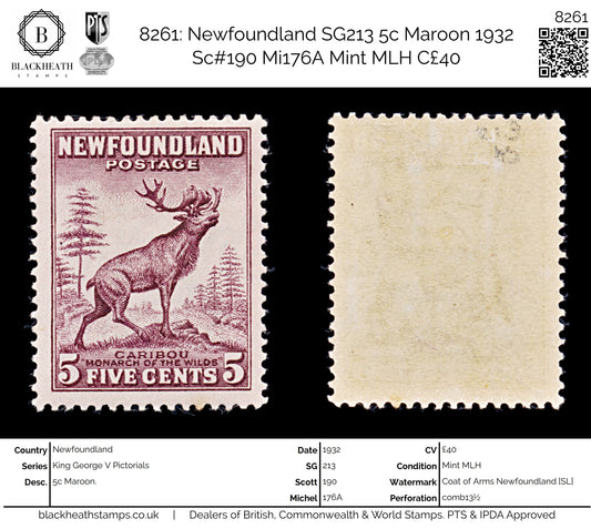 8261: Newfoundland SG213 5c Maroon 1932 Sc#190 Mi176A Mint MLH C£40
