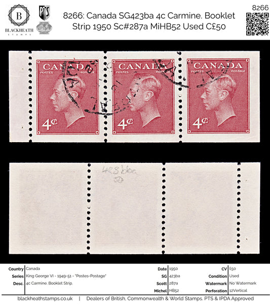8266: Canada SG423ba 4c Carmine. Booklet Strip 1950 Sc#287a MiHB52 Used C£50