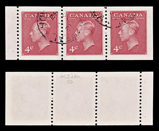 8266: Canada SG423ba 4c Carmine. Booklet Strip 1950 Sc#287a MiHB52 Used C£50