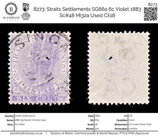 8273: Straits Settlements SG66a 6c Violet 1883 Sc#48 Mi32a Used C£18