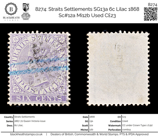 8274: Straits Settlements SG13a 6c Lilac 1868 Sc#12a Mi12b Used C£23