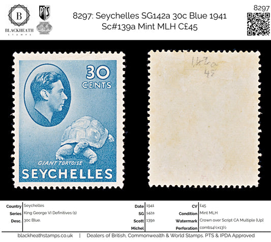 8297: Seychelles SG142a 30c Blue 1941 Sc#139a Mint MLH C£45