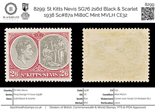 8299: St Kitts Nevis SG76 2s6d Black & Scarlet 1938 Sc#87a Mi80C Mint MVLH C£32