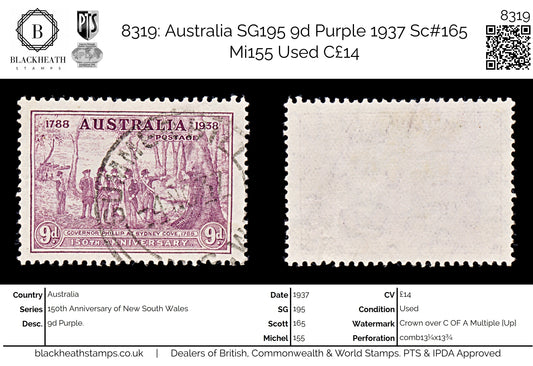8319: Australia SG195 9d Purple 1937 Sc#165 Mi155 Used C£14