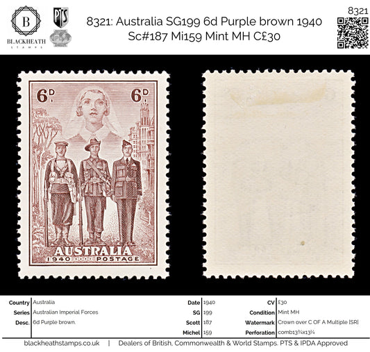 8321: Australia SG199 6d Purple brown 1940 Sc#187 Mi159 Mint MH C£30