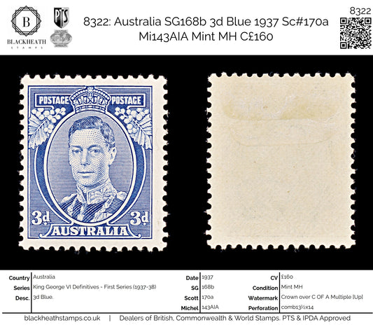 8322: Australia SG168b 3d Blue 1937 Sc#170a Mi143AIA Mint MH C£160