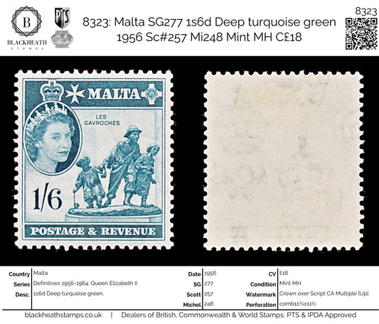 8323: Malta SG277 1s6d Deep turquoise green 1956 Sc#257 Mi248 Mint MH C£18