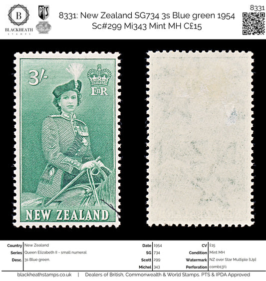 8331: New Zealand SG734 3s Blue green 1954 Sc#299 Mi343 Mint MH C£15