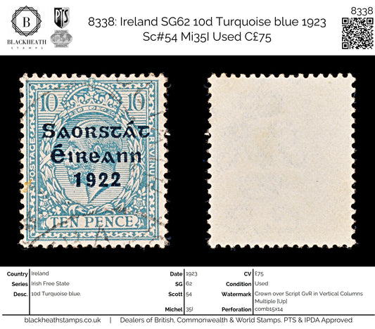 8338: Ireland SG62 10d Turquoise blue 1923 Sc#54 Mi35I Used C£75