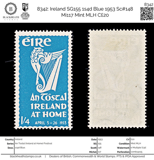 8342: Ireland SG155 1s4d Blue 1953 Sc#148 Mi117 Mint MLH C£20