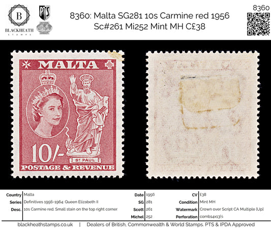 8360: Malta SG281 10s Carmine red 1956 Sc#261 Mi252 Mint MH C£38