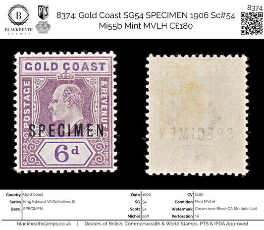 8374: Gold Coast SG54 SPECIMEN 1906 Sc#54 Mi55b Mint MVLH C£180