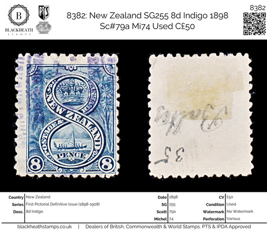 8382: New Zealand SG255 8d Indigo 1898 Sc#79a Mi74 Used C£50