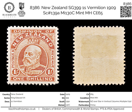 8386: New Zealand SG399 1s Vermilion 1909 Sc#139a Mi130C Mint MH C£65
