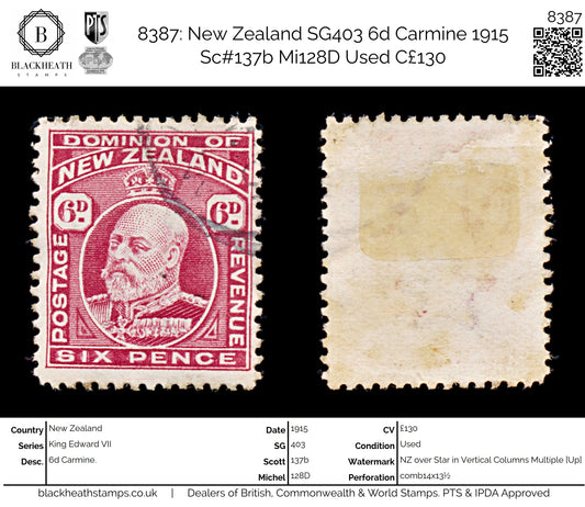 8387: New Zealand SG403 6d Carmine 1915 Sc#137b Mi128D Used C£130