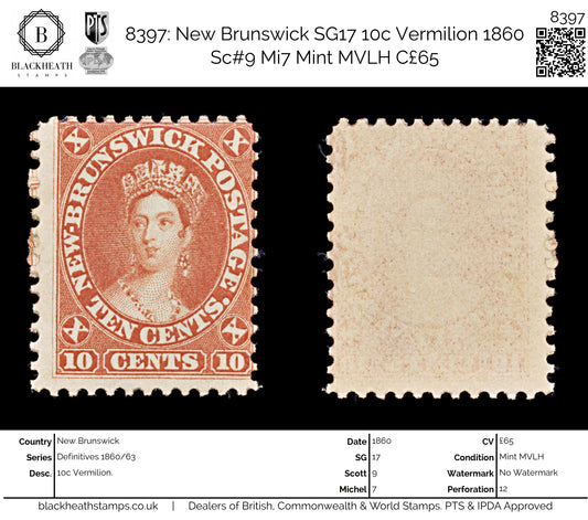 8397: New Brunswick SG17 10c Vermilion 1860 Sc#9 Mi7 Mint MVLH C£65