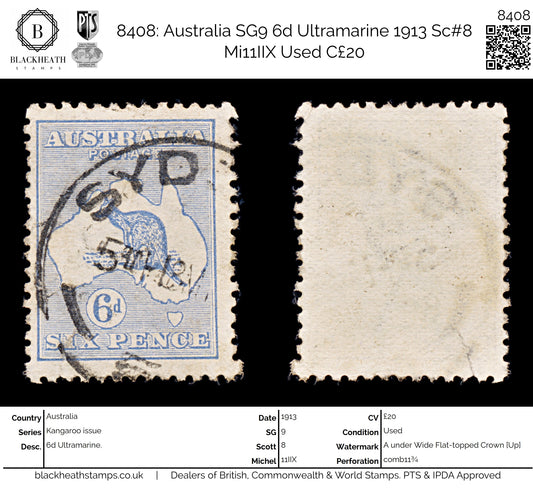 8408: Australia SG9 6d Ultramarine 1913 Sc#8 Mi11IIX Used C£20