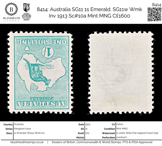 8414: Australia SG11 1s Emerald. SG11w Wmk Inv 1913 Sc#10a Mint MNG C£1600