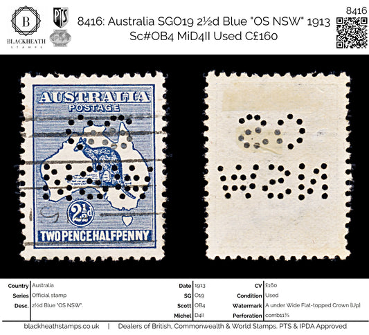 8416: Australia SGO19 2½d Blue "OS NSW" 1913 Sc#OB4 MiD4II Used C£160