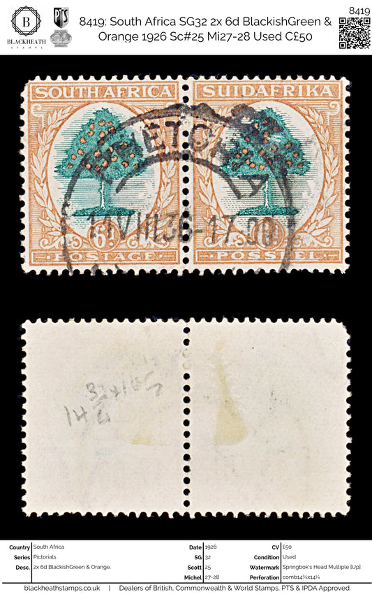8419: South Africa SG32 2x 6d BlackishGreen & Orange 1926 Sc#25 Mi27-28 Used C£50