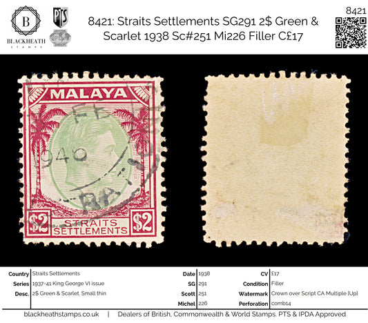 8421: Straits Settlements SG291 2$ Green & Scarlet 1938 Sc#251 Mi226 Filler C£17