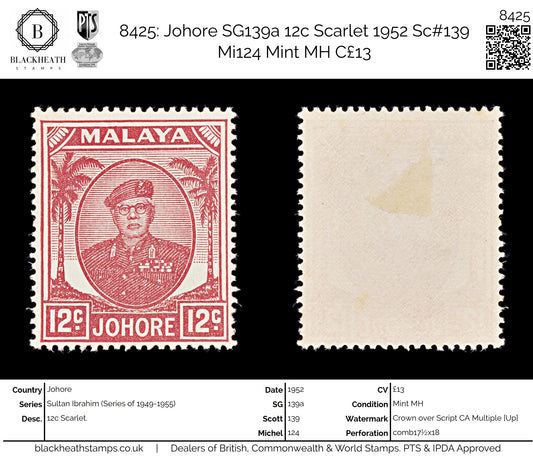 8425: Johore SG139a 12c Scarlet 1952 Sc#139 Mi124 Mint MH C£13