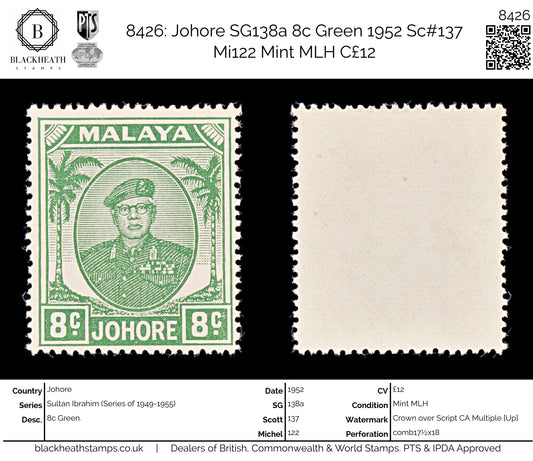 8426: Johore SG138a 8c Green 1952 Sc#137 Mi122 Mint MLH C£12
