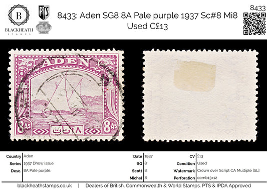 8433: Aden SG8 8A Pale purple 1937 Sc#8 Mi8 Used C£13