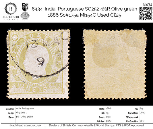 8434: India, Portuguese SG252 4½R Olive green 1886 Sc#175a Mi154C Used C£25