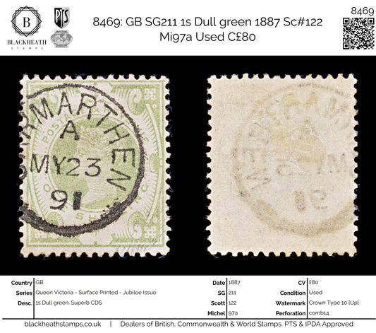 8469: GB SG211 1s Dull green 1887 Sc#122 Mi97a Used C£80