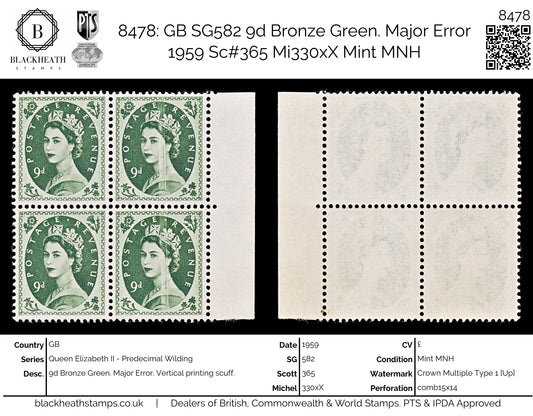 8478: GB SG582 9d Bronze Green. Major Error 1959 Sc#365 Mi330xX Mint MNH