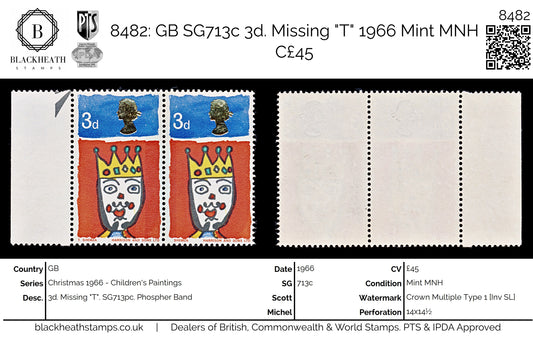 8482: GB SG713c 3d. Missing "T" 1966 Mint MNH C£45