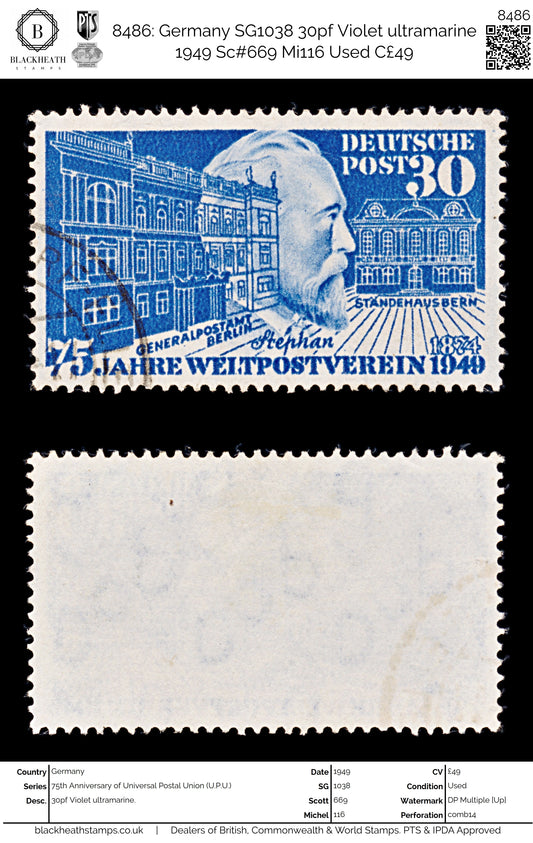 8486: Germany SG1038 30pf Violet ultramarine 1949 Sc#669 Mi116 Used C£49