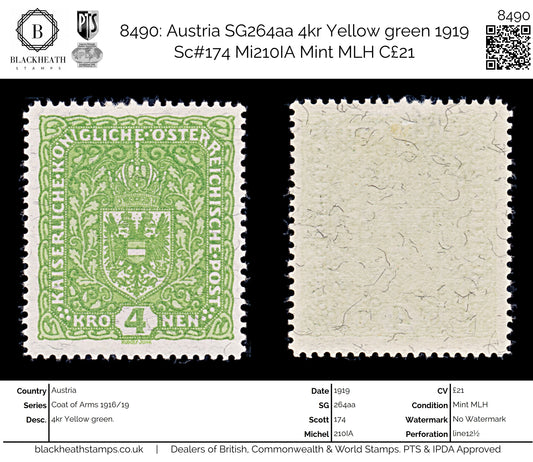 8490: Austria SG264aa 4kr Yellow green 1919 Sc#174 Mi210IA Mint MLH C£21
