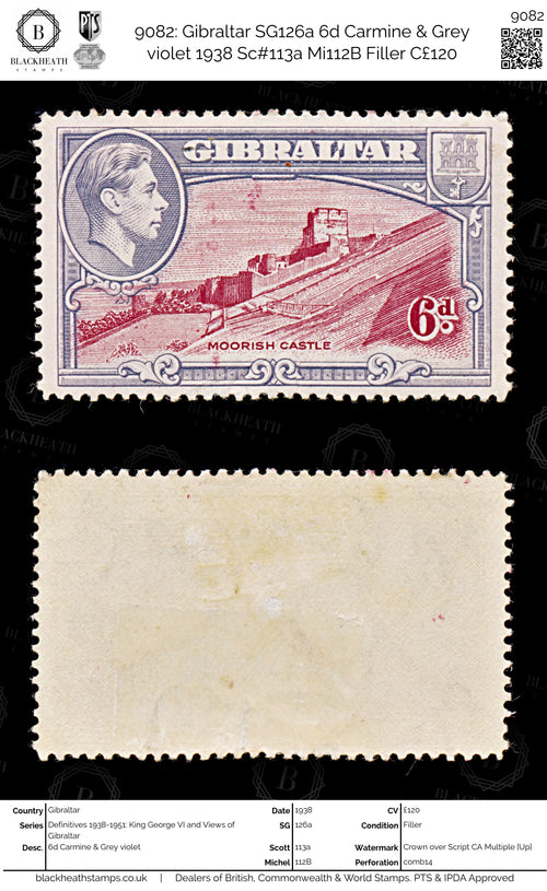 9082: Gibraltar SG126a 6d Carmine & Grey violet 1938 Sc#113a Mi112B Filler C£120