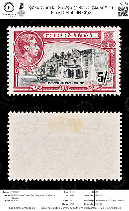9084: Gibraltar SG129b 5s Black 1944 Sc#116 Mi115D Mint MH C£38