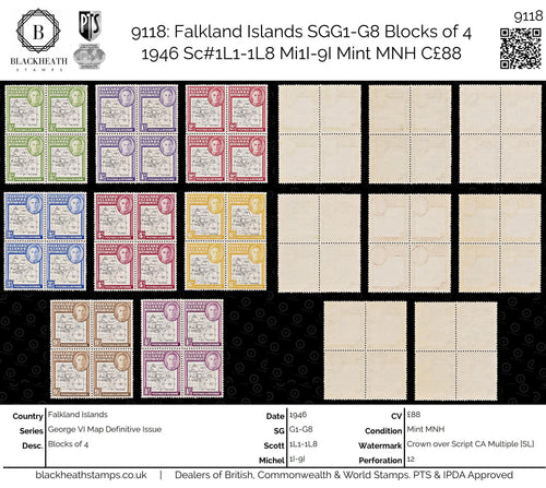 9118: Falkland Islands SGG1-G8 Blocks of 4 1946 Sc#1L1-1L8 Mi1I-9I Mint MNH C£88