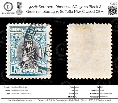 9226: Southern Rhodesia SG23a 1s Black & Greenish blue 1935 Sc#26a Mi25C Used C£75