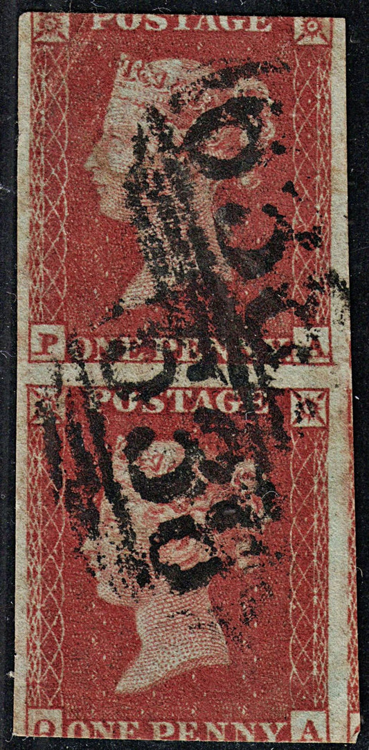 3687 GB 1d Red 1853. SG8 Sc3 Mi3. Spec B2 Plate 166. "PAQA". Pair.. 3 Margins. c£140